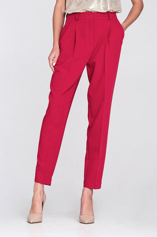 Women's red tapered ankle trousers with front crease and belt loops