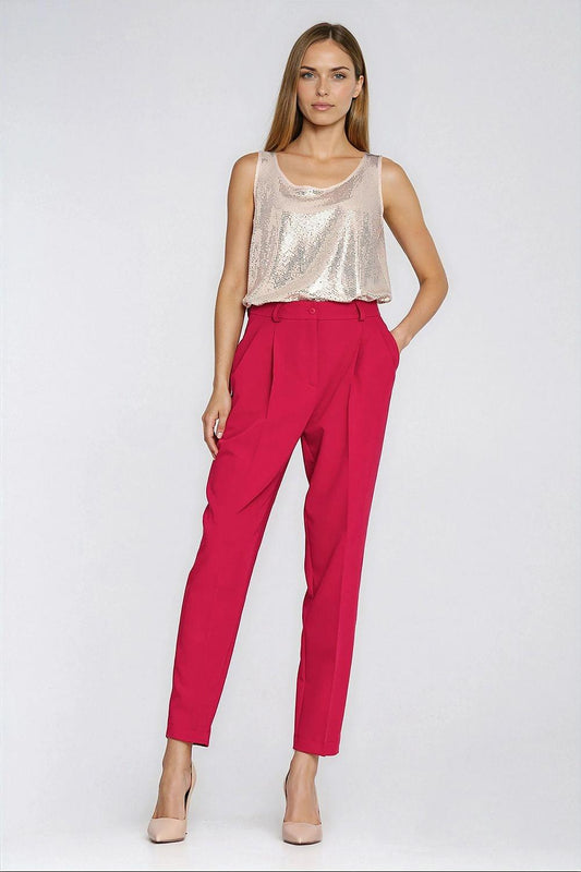 Women's red slim ankle trousers with belt loops and front crease