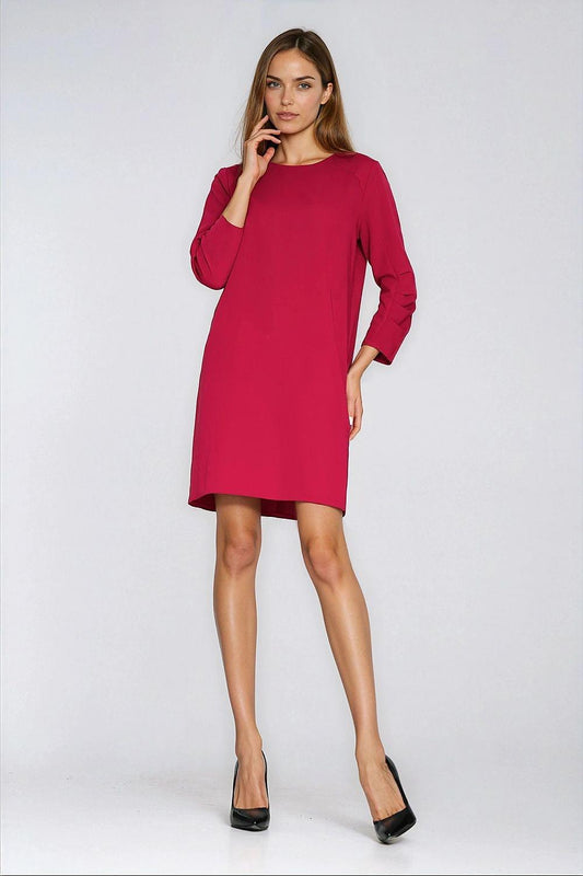 Red day dress with long sleeves and straight knee-length hem