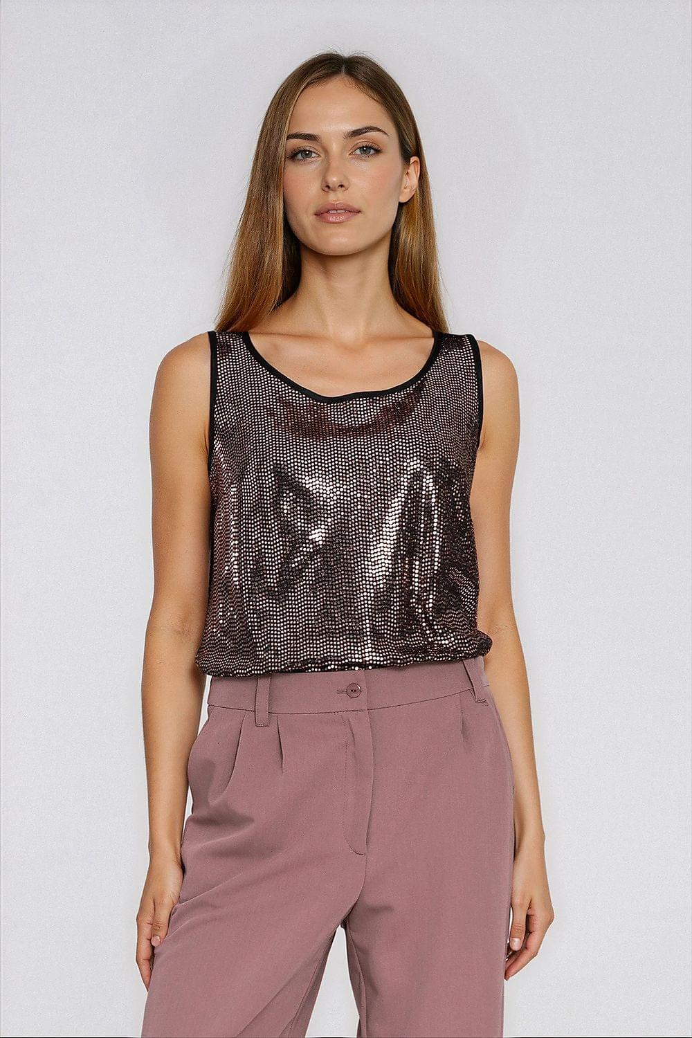 Nife sleeveless sequined blouse in dark bronze with round neck and scalloped edging