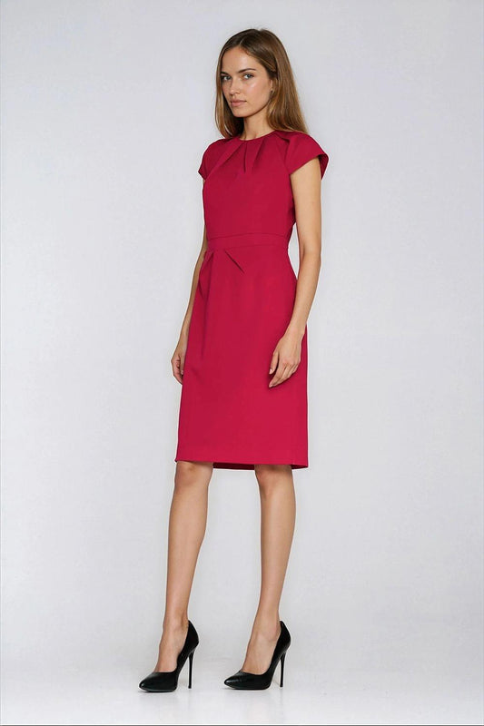Red day dress with short cap sleeves and waist seam, straight pencil fit