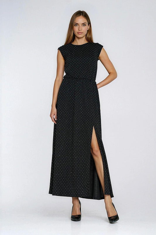 Black sleeveless evening dress with high neckline, dotted pattern, center slit