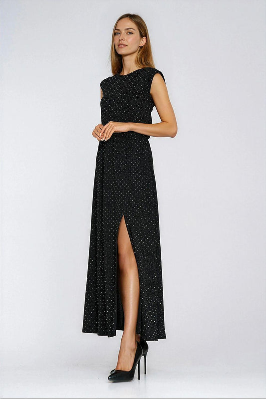 Black sleeveless evening dress, high neck, dotted pattern, side slit