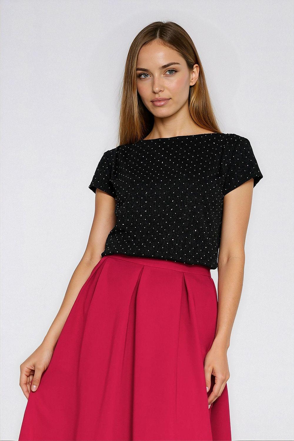 Nife black short-sleeve blouse with tiny allover dots and scoop neck.