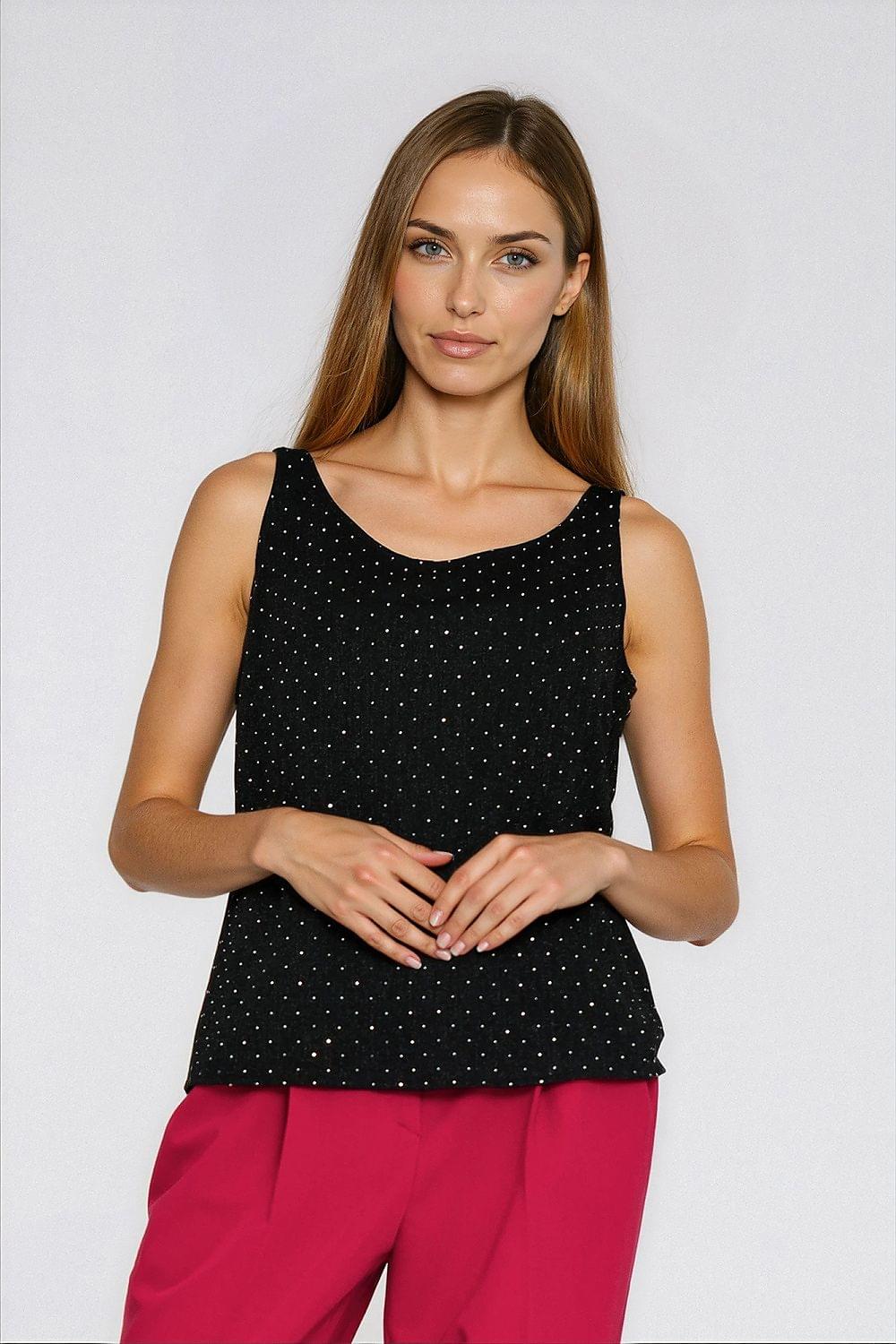 Black sleeveless blouse with dot print, scoop neckline and straight hem