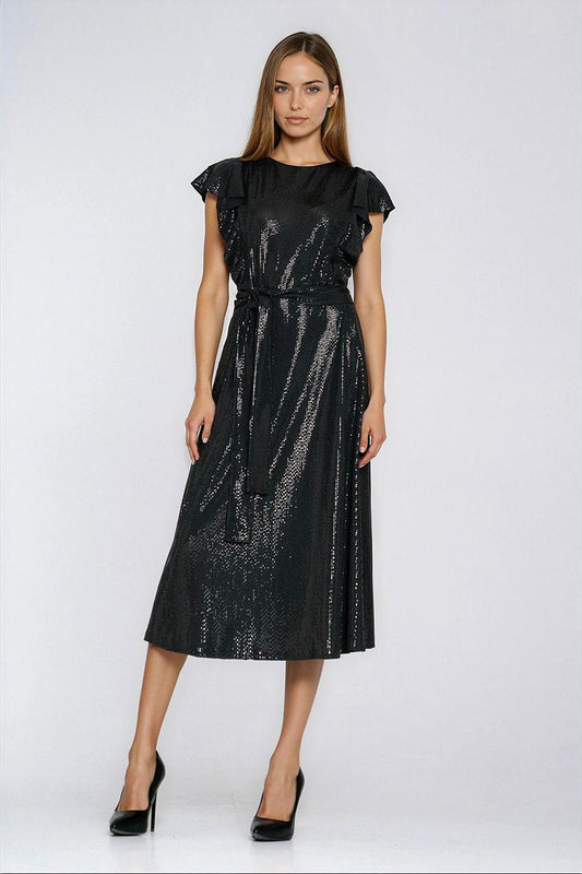 Black glitter evening dress with ruffled cap sleeves, cinched waist, midi length