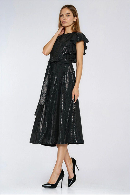 Black glitter evening dress with ruffled cap sleeves and cinched waist, midi skirt