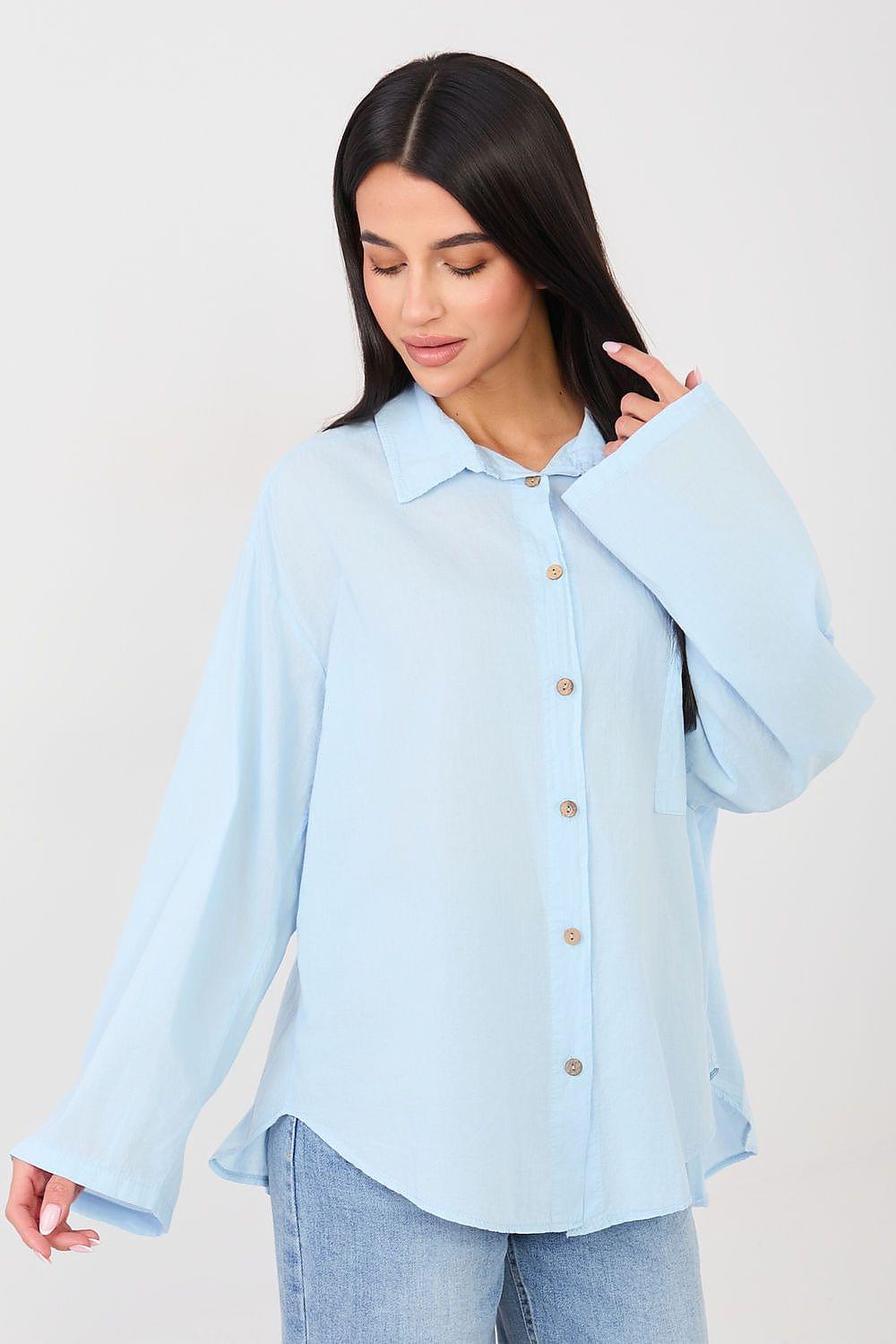 Light blue long-sleeve button-front shirt with collar and chest pocket.