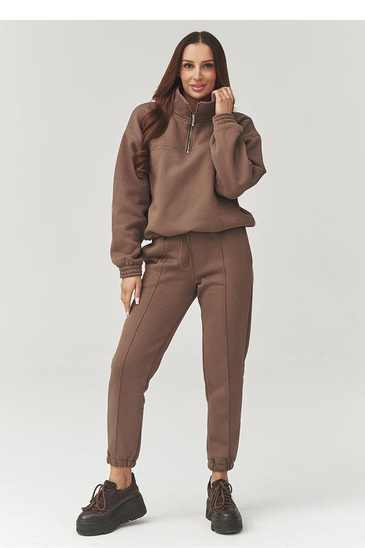 Brown zip-up sweatshirt and jogger pants set with cuffs and drawstring waist