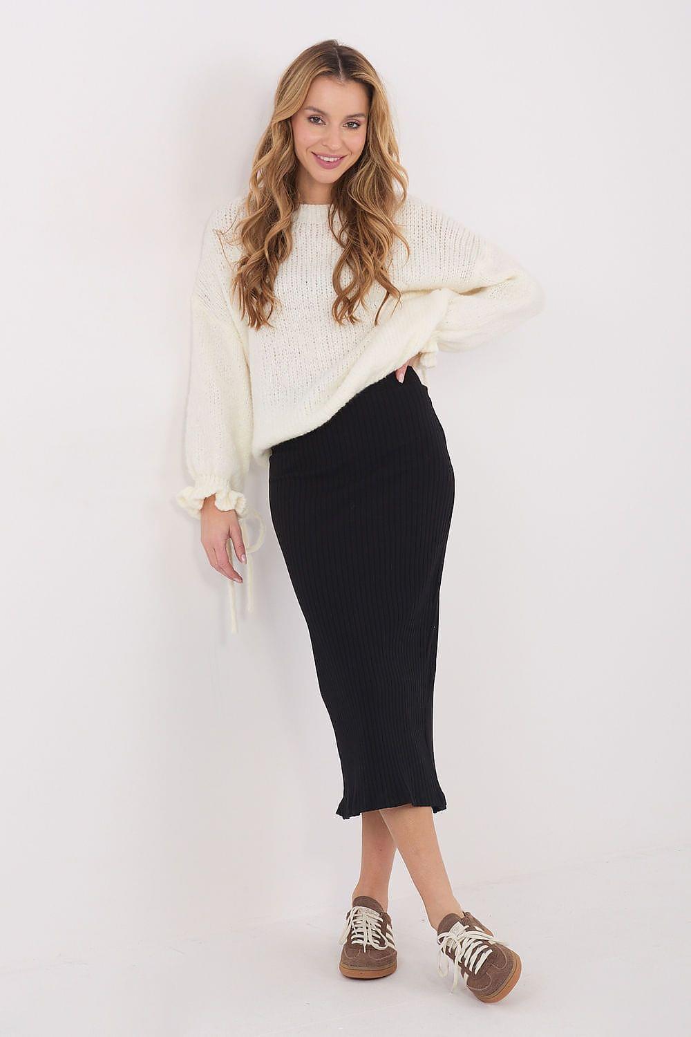 Black ribbed midi skirt with front slit and straight pencil cut