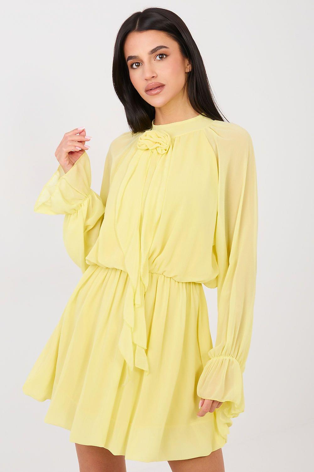 Light yellow cocktail dress with ruffled neckline and long sleeves, gathered waist