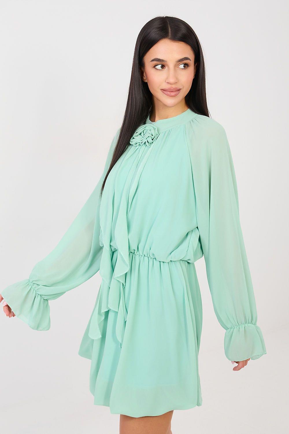 Mint green cocktail dress with ruffled neckline and gathered waist, long sleeves