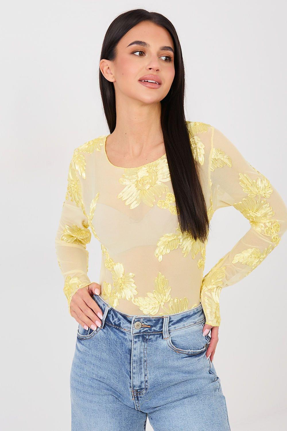Yellow sheer blouse with gold floral print, round neck, long sleeves