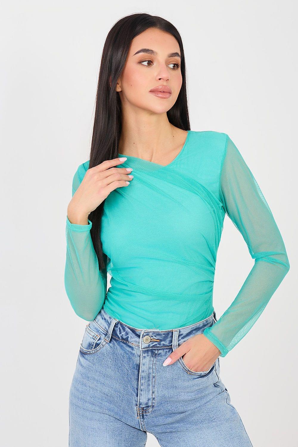 Turquoise long-sleeve sheer mesh shapewear bodysuit with fitted neckline