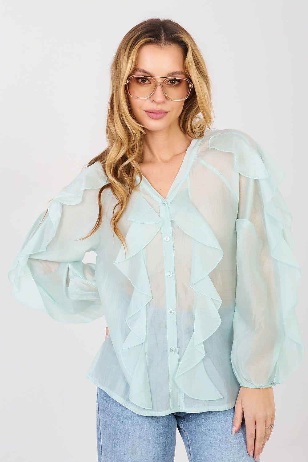 Long sleeve ruffle shirt in light blue, V-neck with tiered front, puff sleeves