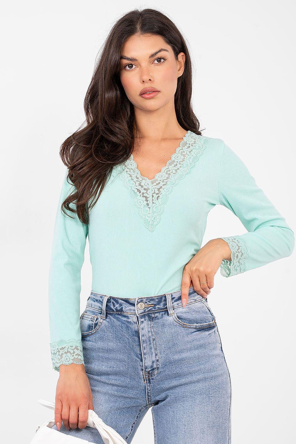 Light teal lace-trim V-neck blouse with long sleeves