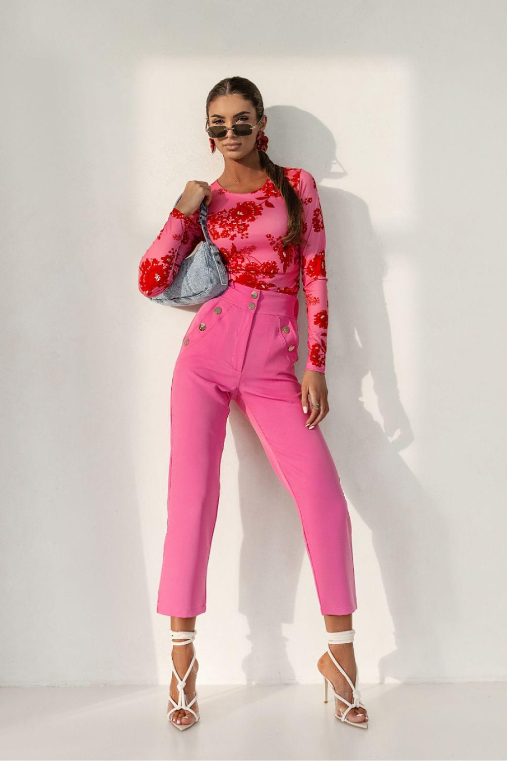 Women’s LaBalancia pink trousers with cuffed hem and button details
