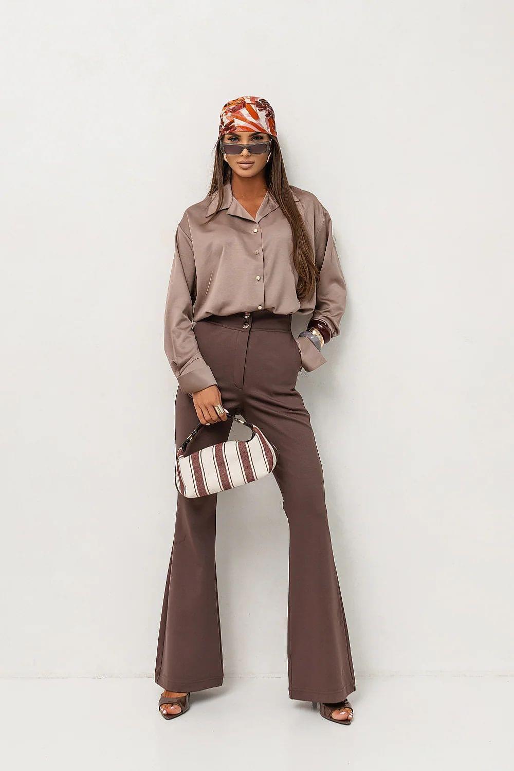 Long-sleeve button-up shirt in taupe brown with collar and front buttons