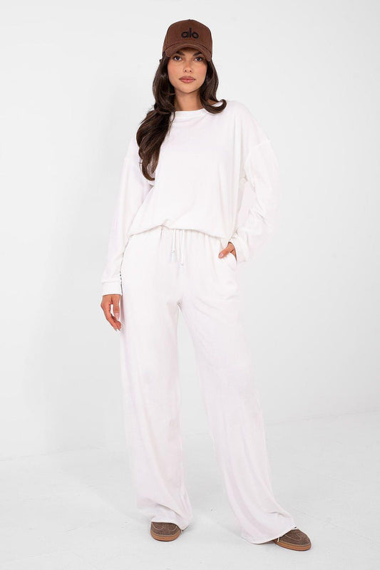 White velour hoodie and wide-leg jogger pants set, front view