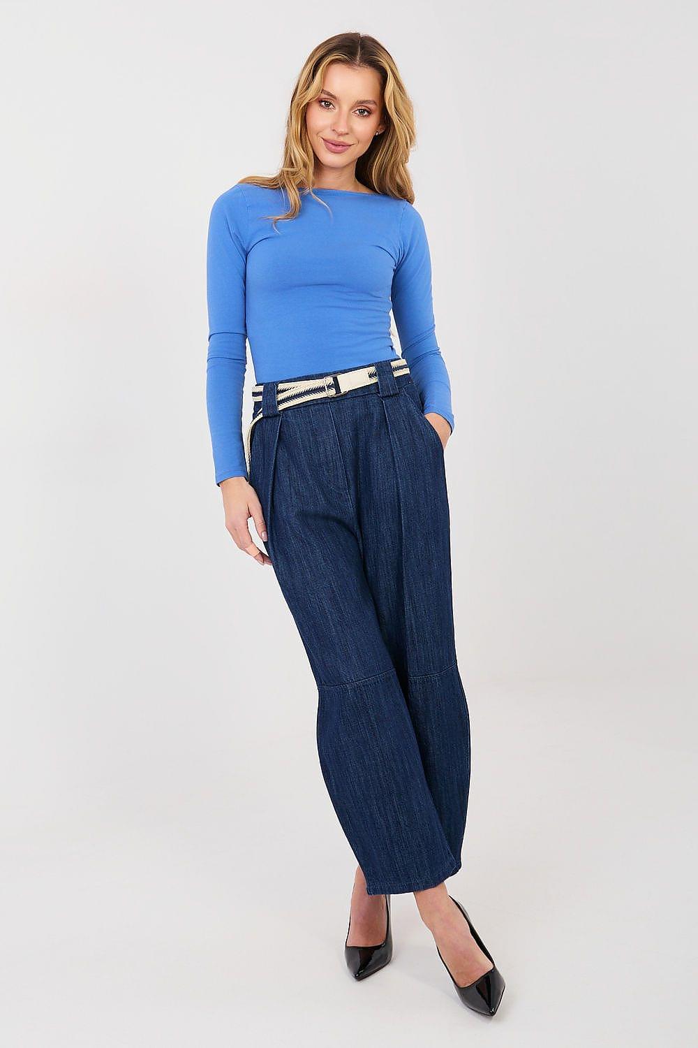 Navy blue wide-leg jeans with matching belt and waistband, front button closure