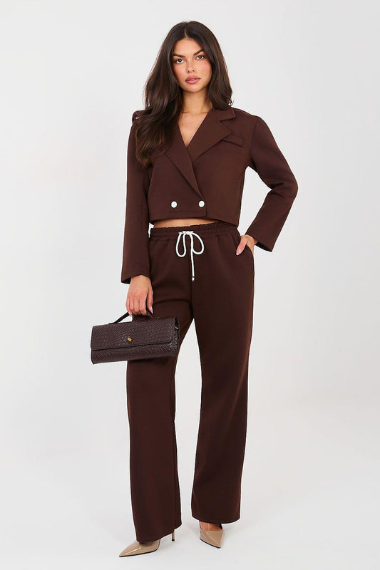 Brown double-breasted blazer and wide-leg pants set with drawstring waist