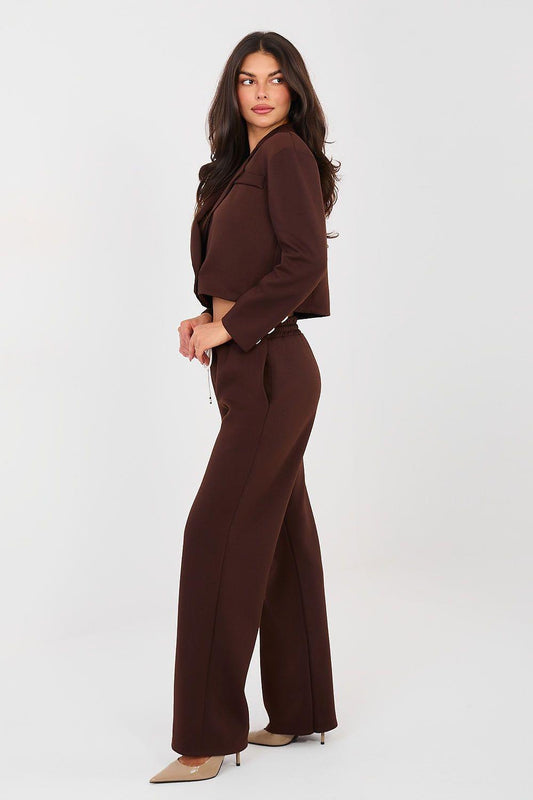 Brown blazer and wide-leg pants set, side view