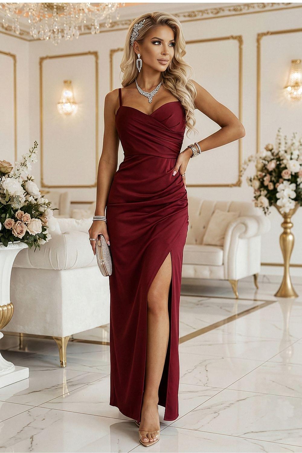Numoco long red dress with sweetheart neckline, spaghetti straps, and thigh-high slit