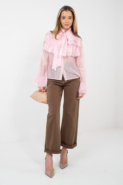 Pink long-sleeve shirt with layered ruffle neckline and tiered sleeve cuff