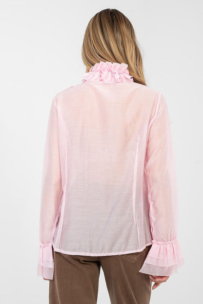 Pink long-sleeve ruffle shirt with high neck and layered cuffs