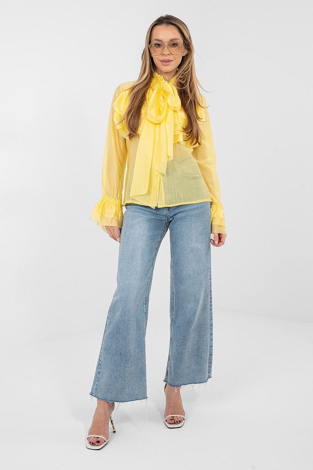 Yellow long-sleeve ruffle shirt with high neck and ruffled sleeves
