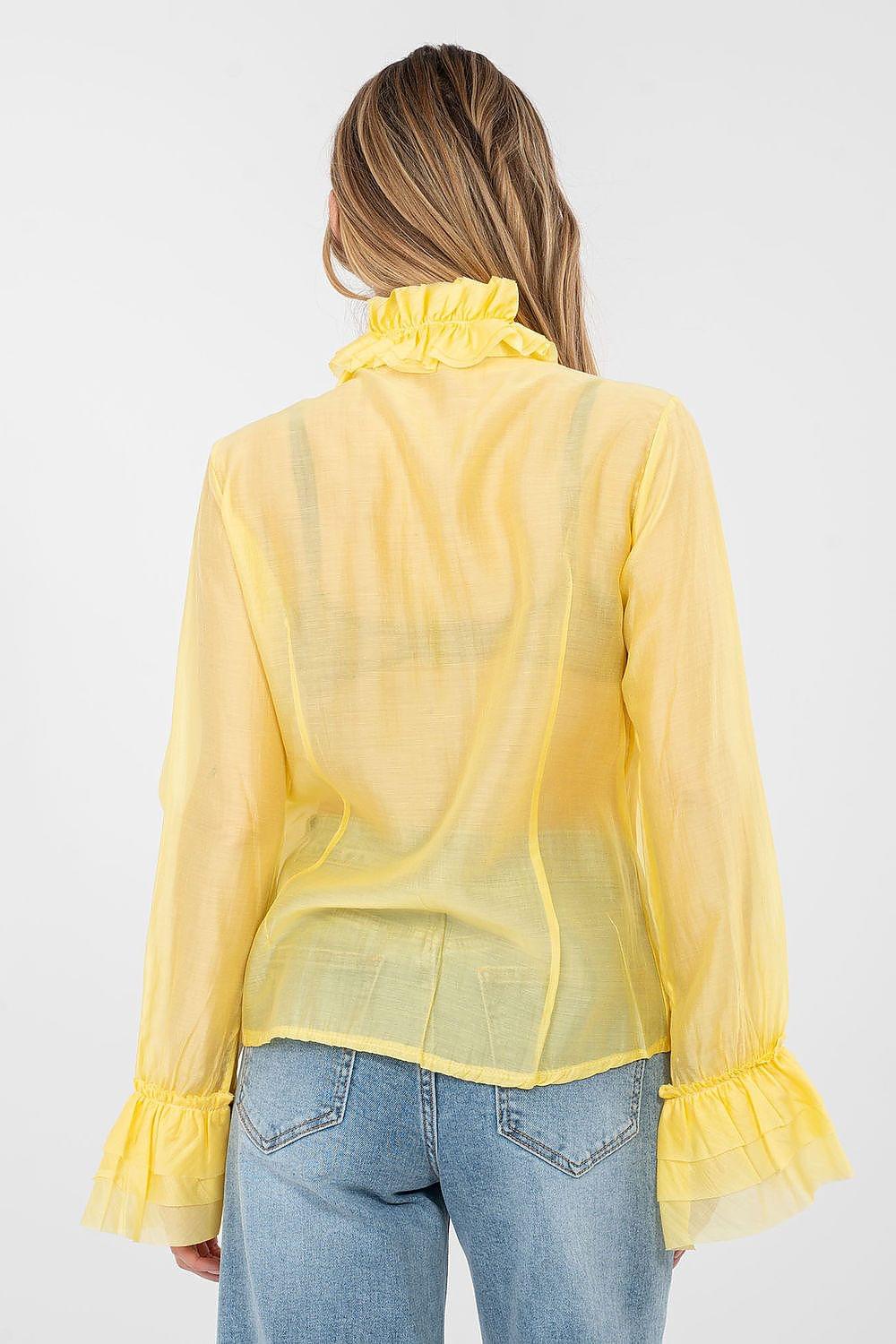 Yellow long-sleeve ruffle shirt, back view, high neck with ruffled trim