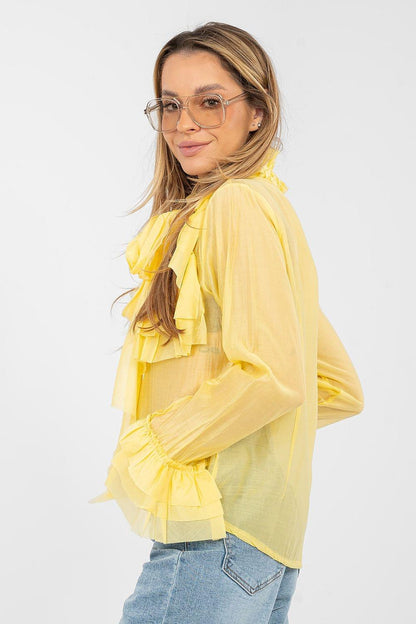 Yellow long-sleeve ruffle shirt with layered collar and tiered front