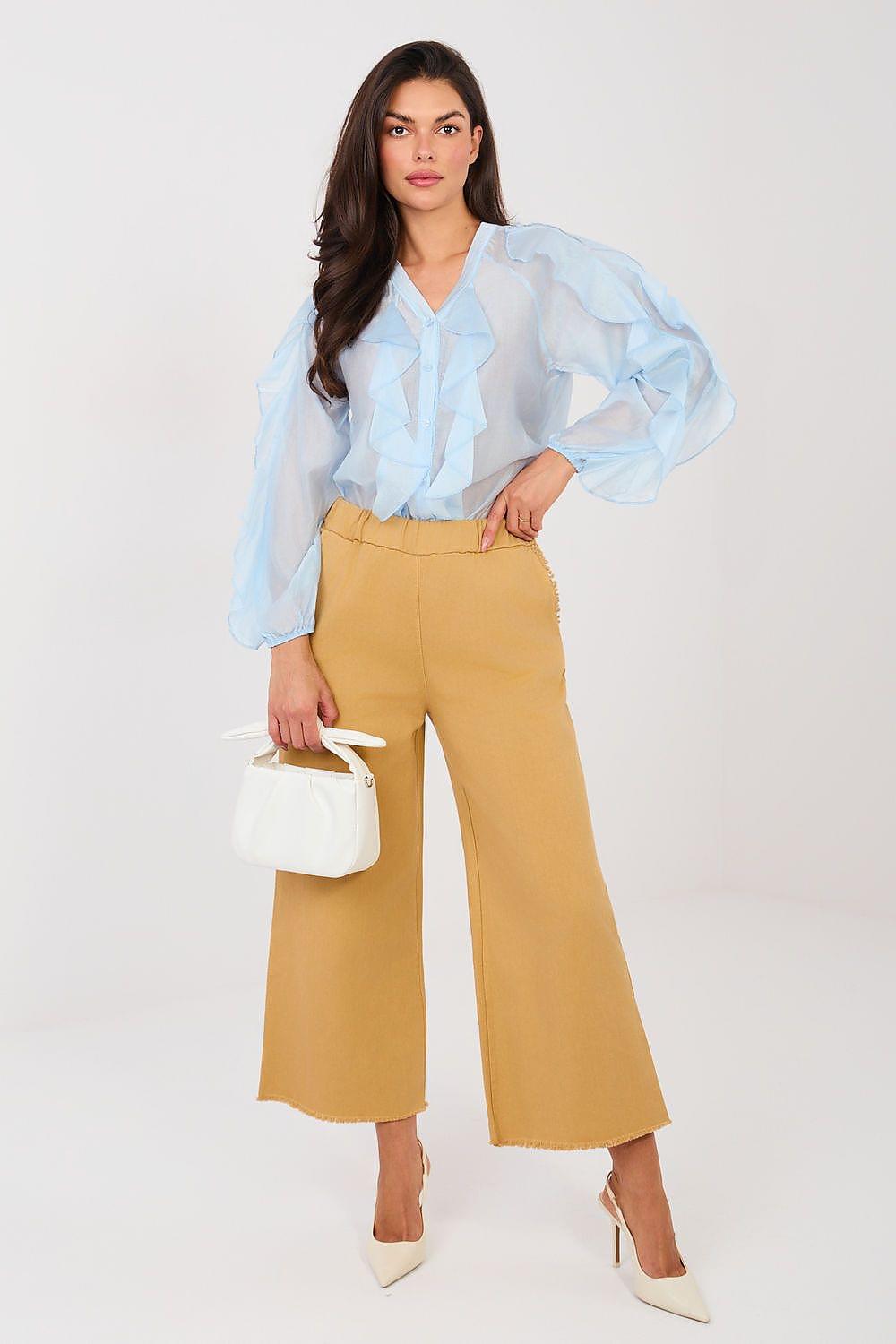 Women’s ankle-length wide-leg trousers, tan/brown with side pockets