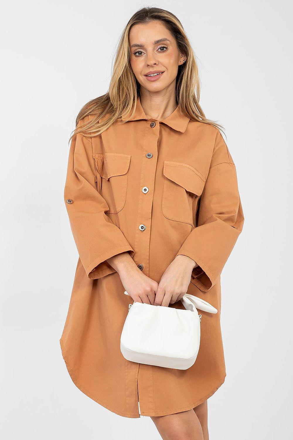 Brown button-front daydress with collared neckline and patch pockets, long sleeves