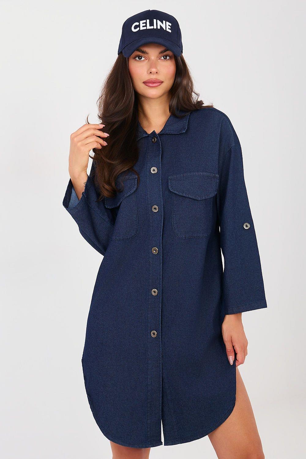 Women’s navy button-front daydress with collar, patch pockets, and long sleeves