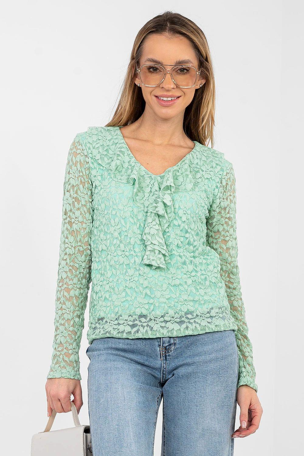 Mint green lace blouse with long sleeves and V-neck ruffle front
