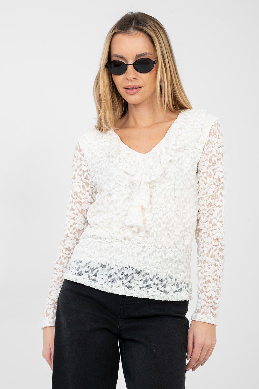 Cream lace blouse with V-neckline and long sleeves