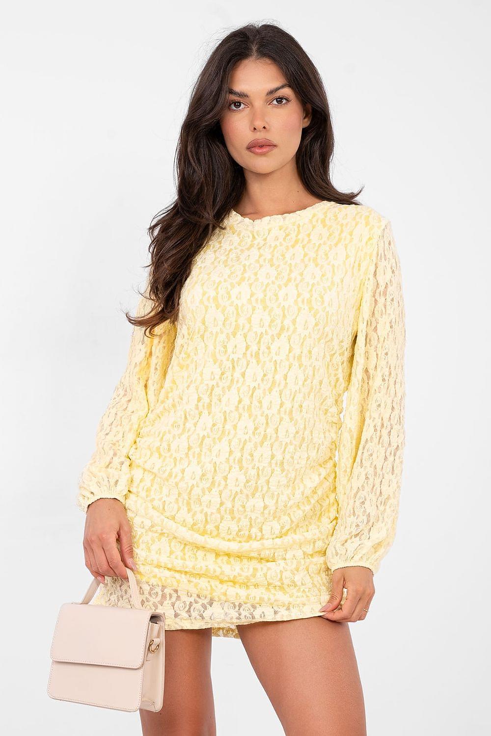 Light yellow textured mini dress with long sleeves, round neck and seam detail