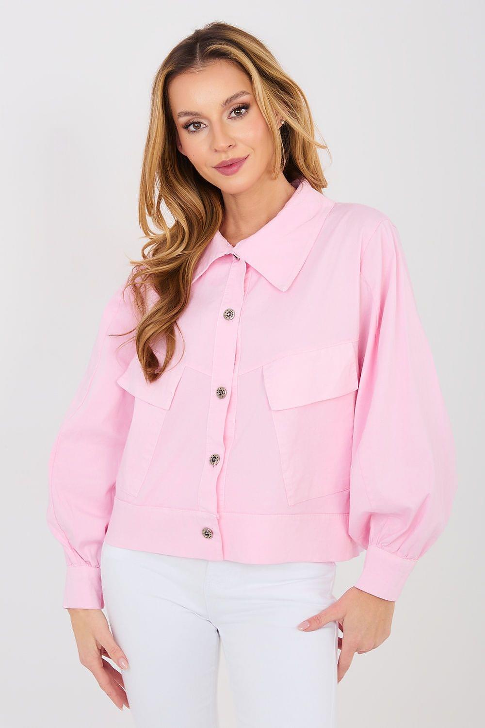 Pink long sleeve button-up shirt with pointed collar and patch pockets