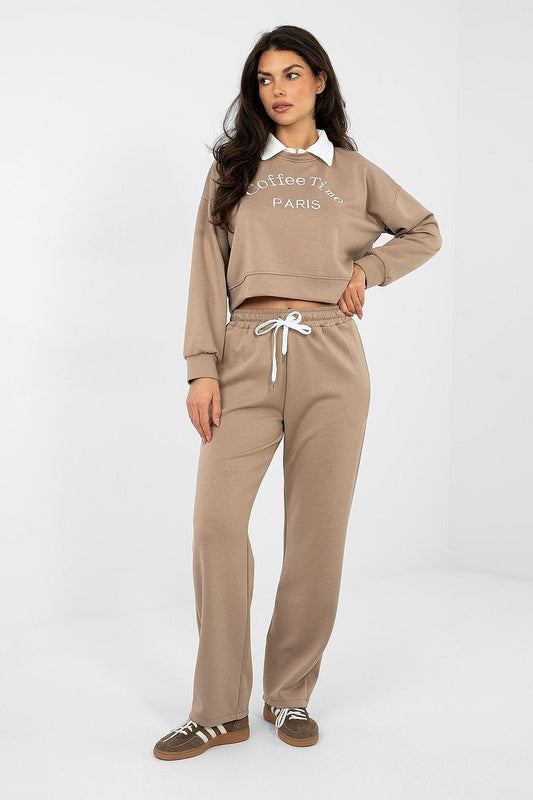 Beige two-piece tracksuit set with cropped sweatshirt and drawstring sweatpants