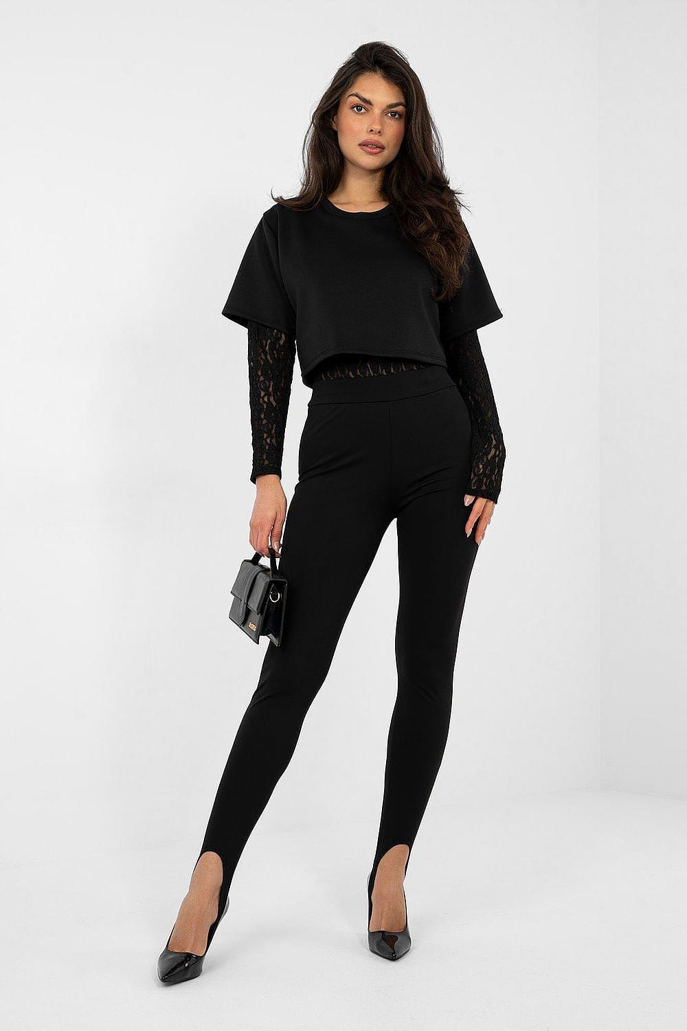 Black shapewear bodysuit with lace sleeve panels and high-waist briefs, cropped top