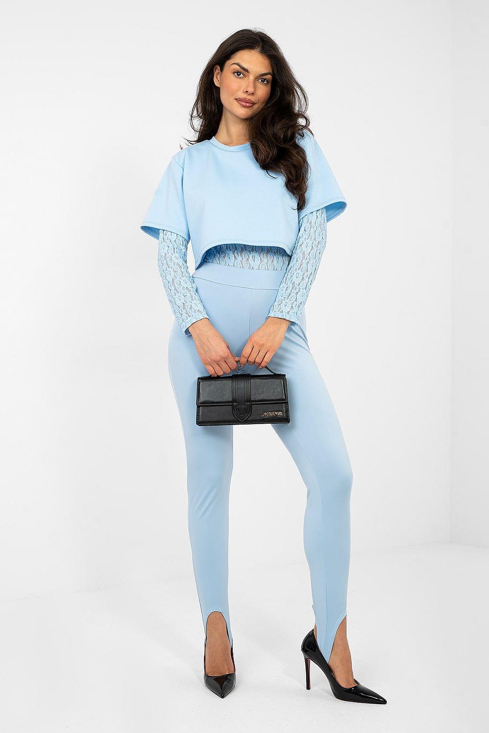 Light blue long leggings with lace sleeves detail at the ankle hem slit