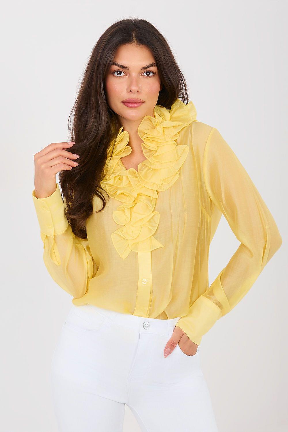 Yellow long sleeve shirt with layered ruffle stand collar and button front