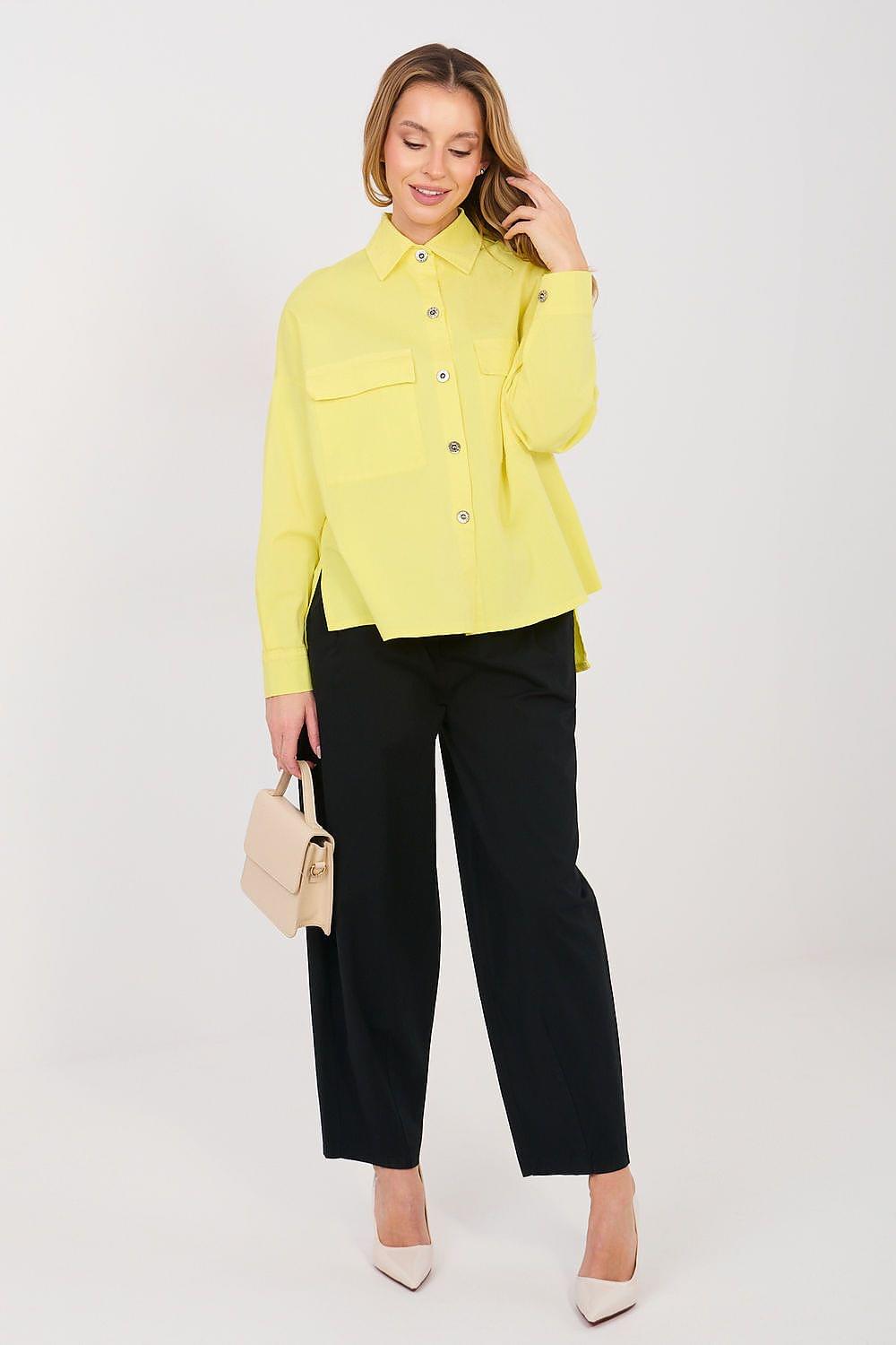 Yellow long sleeve button-front shirt with flap chest pockets and pleated details