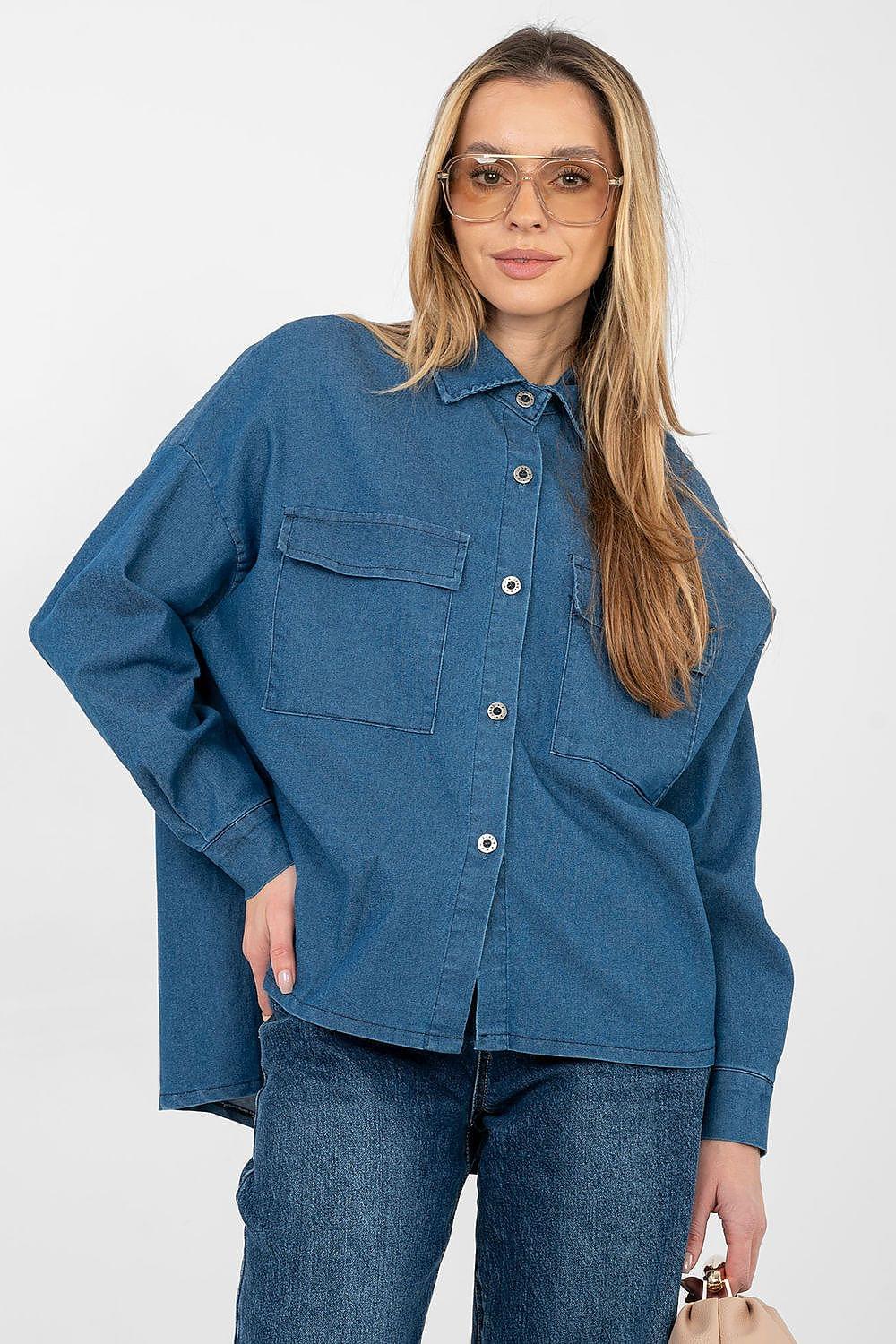 Italy Moda long-sleeve button-up shirt in blue denim, chest pockets, relaxed fit.