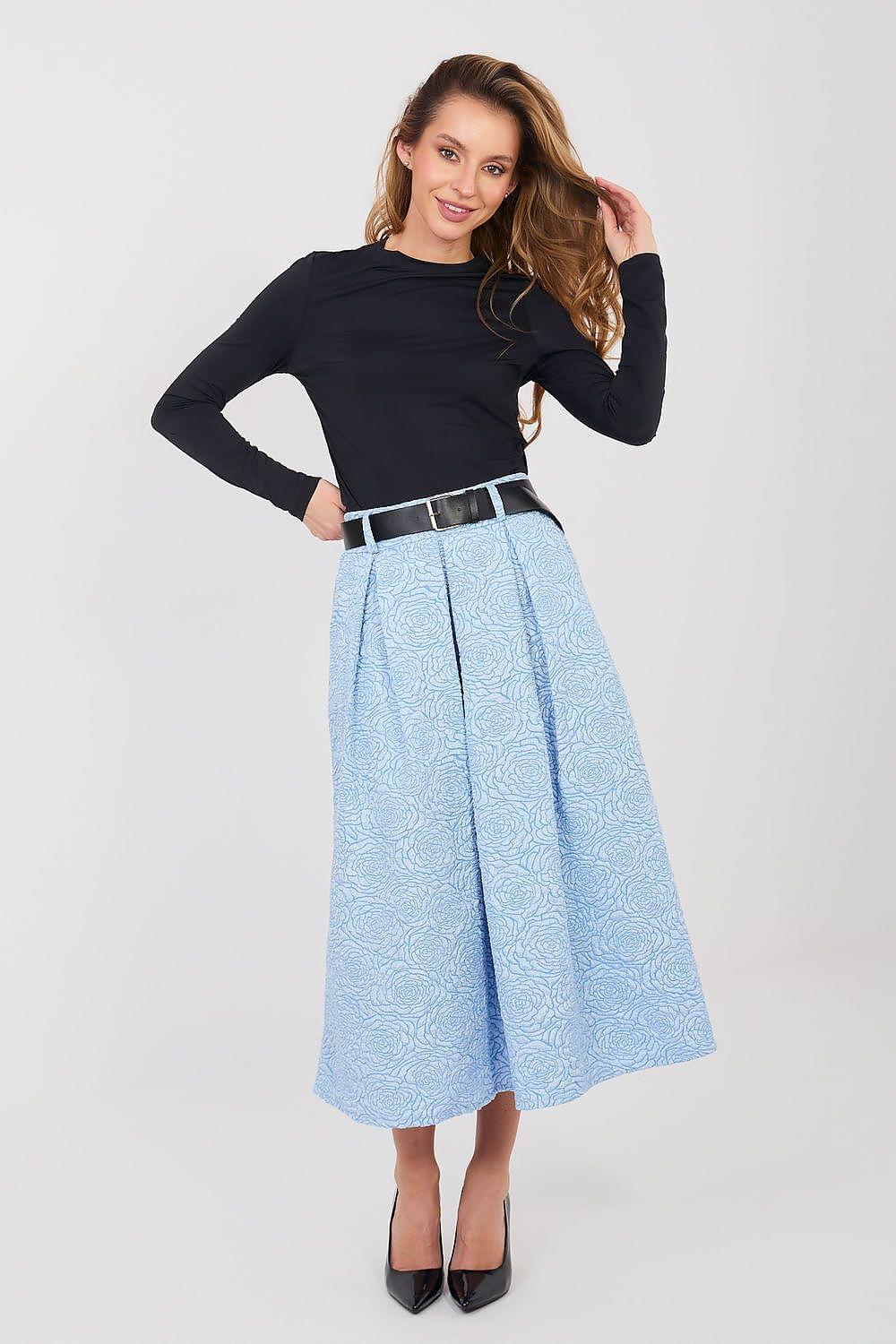 Rue Paris midi skirt, light blue textured pleats with black waist belt