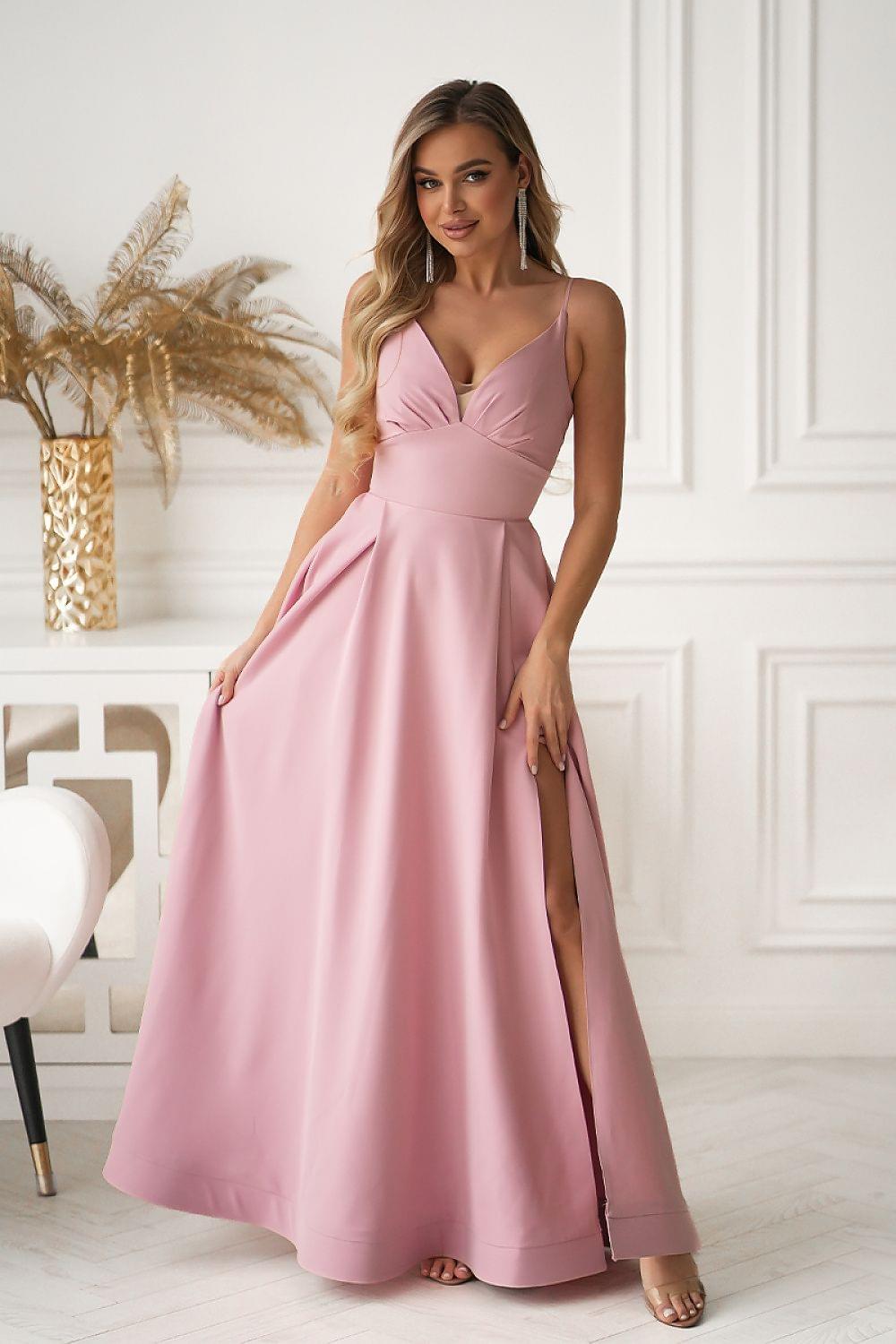Light pink long dress with spaghetti straps, V-neck, and side slit