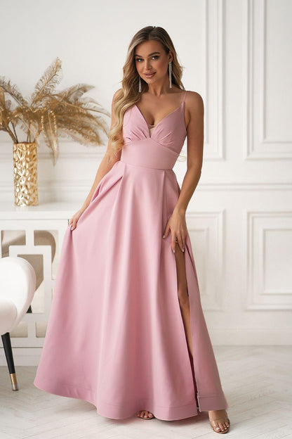 Light pink long dress with spaghetti straps, V-neck, and side slit