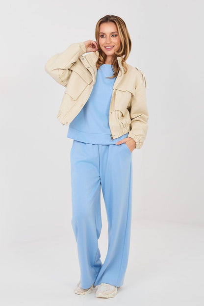 Light blue sweatshirt and wide-leg pants two-piece set, with beige jacket