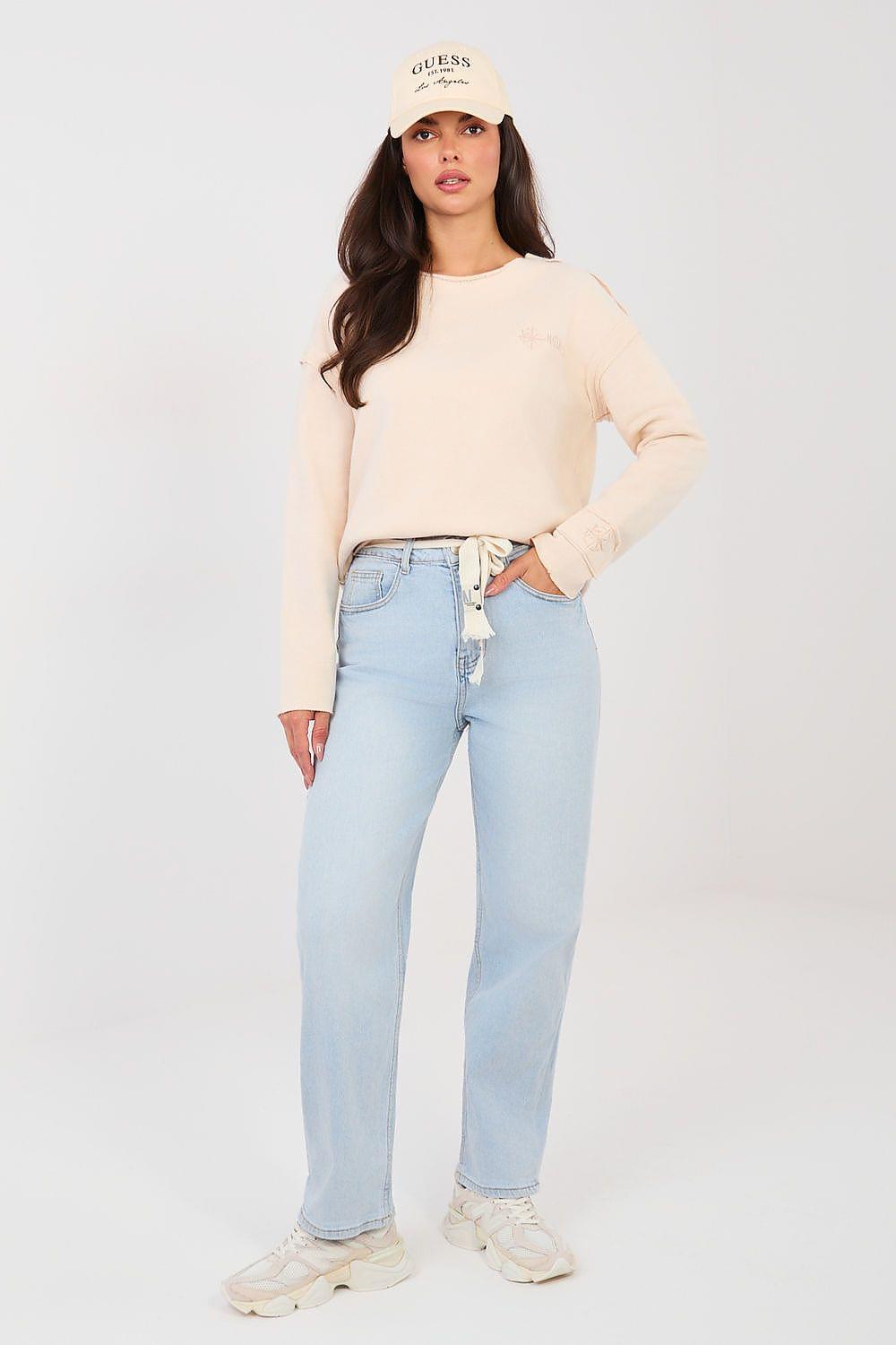 Light blue jeans with straight leg, five-pocket styling, belt loops, button fly
